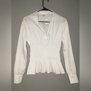 White Smocked Button Down Blouse